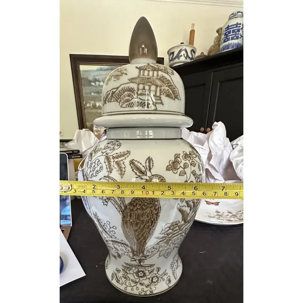 Galt International Brown Floral Parrot Ceramic Ginger Jar 14” Tall Vase Lid NWT